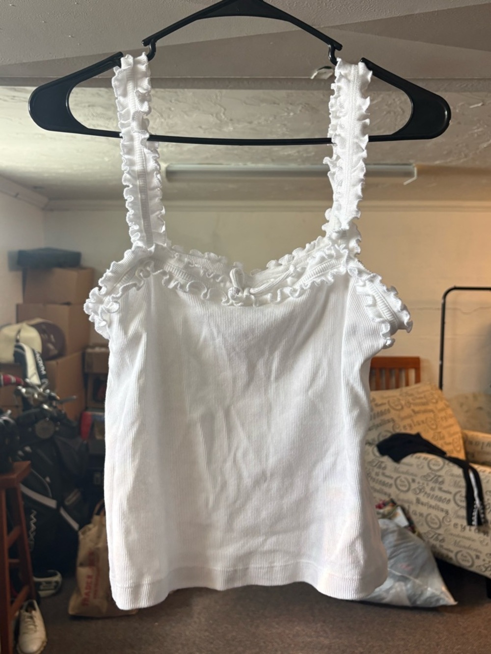 Maeve White Ruffle-Trim Ribbed Tank